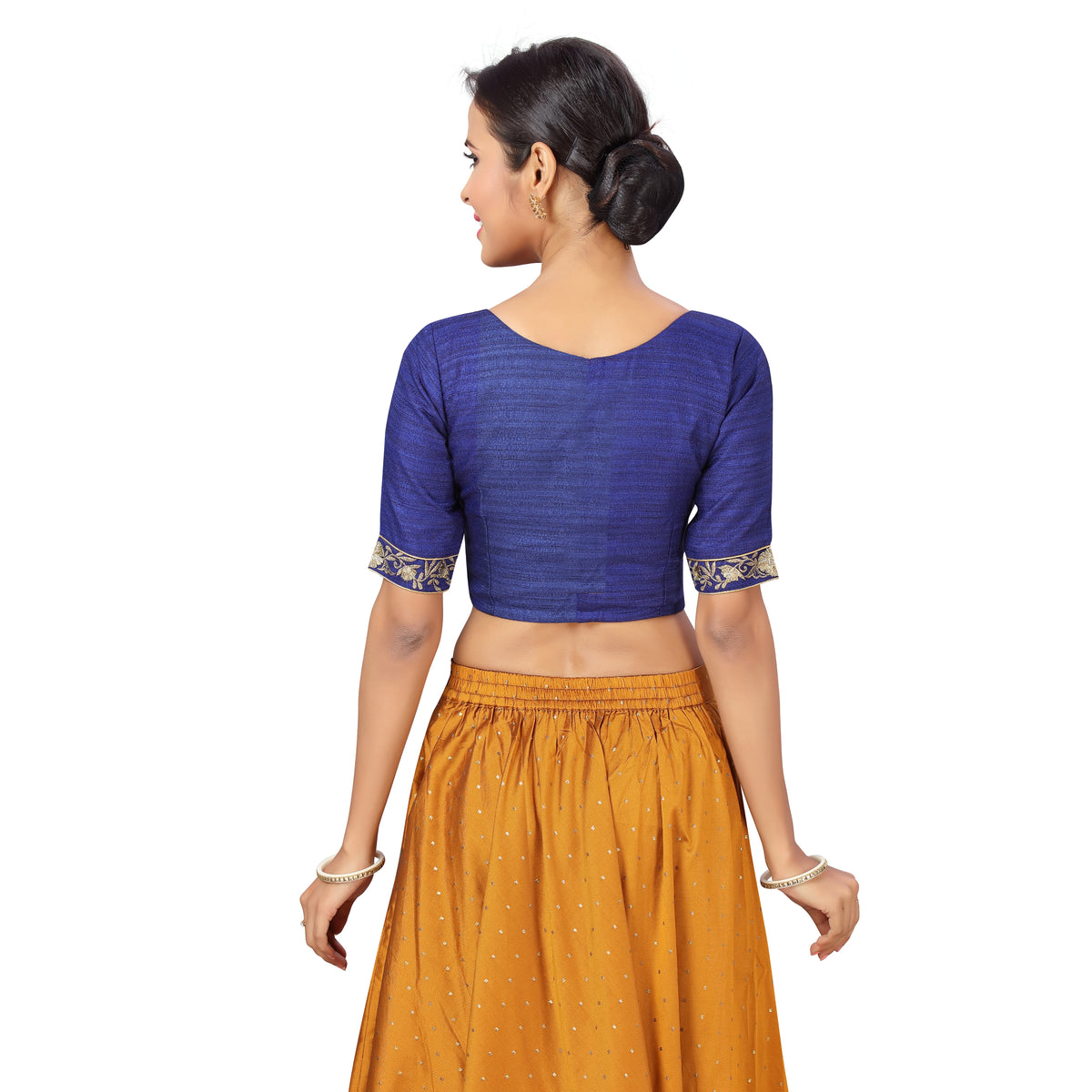 Women's Polyester Elbow Length Sleeves Wedding Saree Blouse with Golden Embroidery (2278 - Royal Blue)