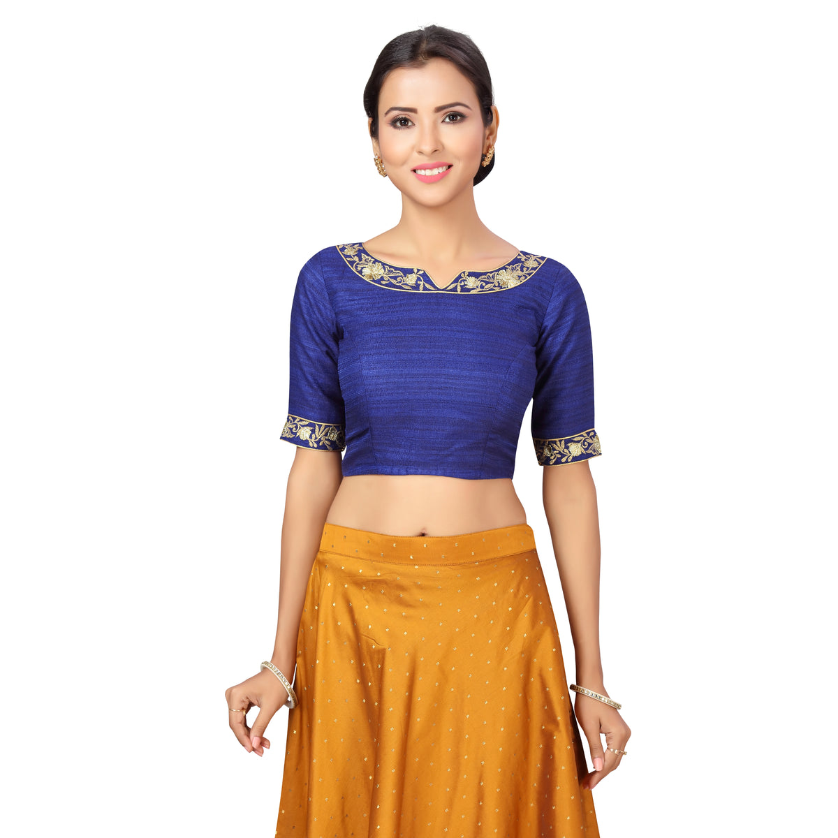 Women's Polyester Elbow Length Sleeves Wedding Saree Blouse with Golden Embroidery (2278 - Royal Blue)