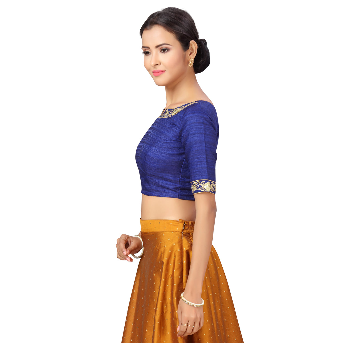 Women's Polyester Elbow Length Sleeves Wedding Saree Blouse with Golden Embroidery (2278 - Royal Blue)