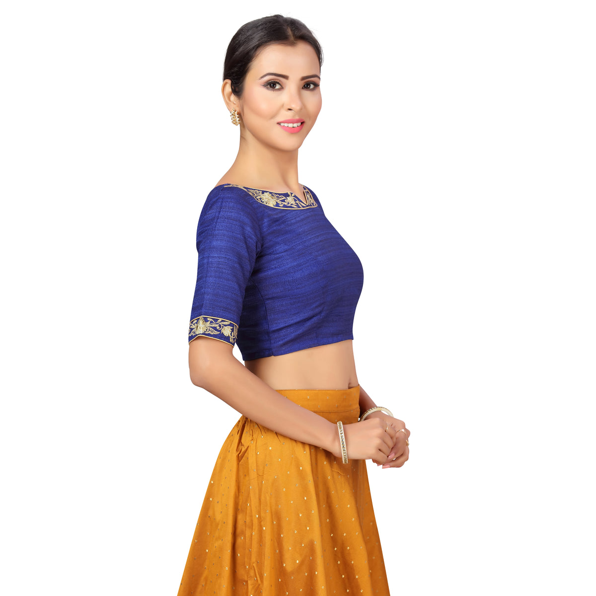 Women's Polyester Elbow Length Sleeves Wedding Saree Blouse with Golden Embroidery (2278 - Royal Blue)