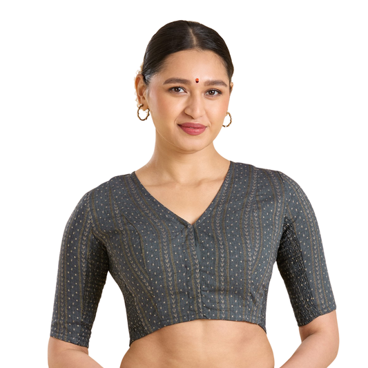 Women's Grey Handloom Cotton Side Stretchable (Smocked) Readymade Saree Blouse (Design 2947)
