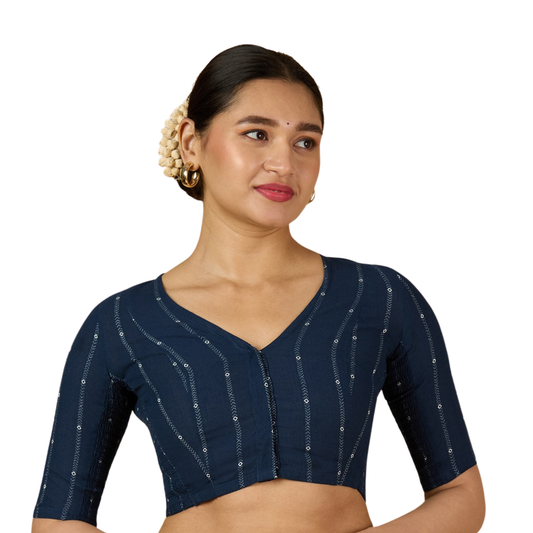 Women's Navy Blue Cool Handloom Cotton Side Stretchable (Smocked) Readymade Saree Blouse (Design 2953)