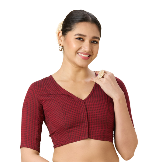 Women's Dark Maroon Cotton Madras Checks Saree Blouse with Stretchable Sides (Design 2903)