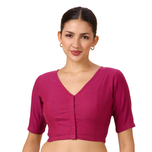 Women's Pink Cotton Madras Checks Saree Blouse with Stretchable Sides (Design 2903)